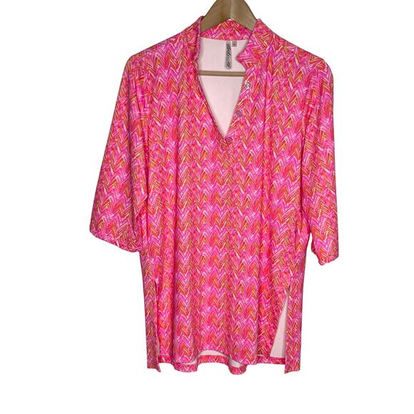 Lulu B Women Quarter Button Tunic Top Women Medium Pink V Neck Travel Colorful - Picture 1 of 10